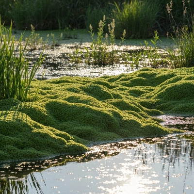 Dense mats of Ludwigia peploides covering a section of a tranquil wetland, sunlight reflecting off the water, with native plants struggling in the background, no text, no words, no typography, 8K
