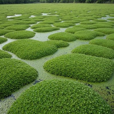 Dense mats of Ludwigia peploides covering a wetland surface