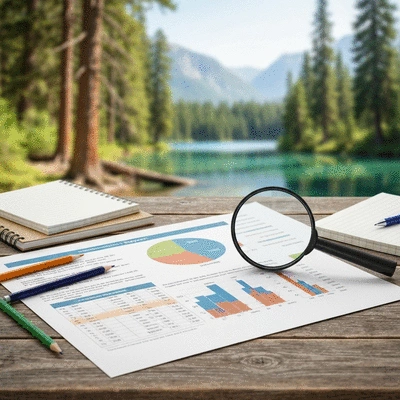 Environmental impact assessment report on a desk with a magnifying glass and nature background, symbolizing ecological analysis