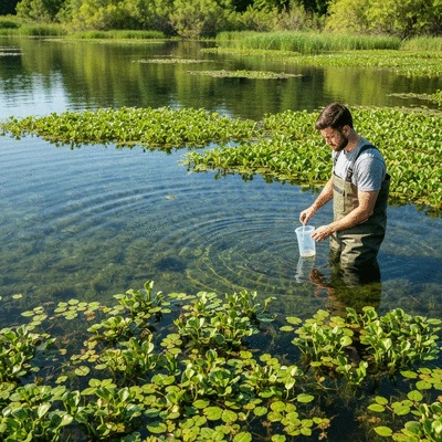 Ecologist collecting water samples in a wetland area with aquatic plants