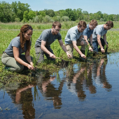 Team of environmental scientists working on ecological restoration in a wetland, planting native species
