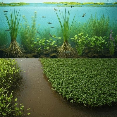 Healthy aquatic ecosystem with diverse native plants and clear water, contrasted with an area overgrown by Ludwigia peploides, showing reduced biodiversity and murky water, no text, no words, no typography, clean image