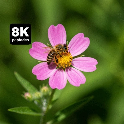 Close-up of Ludwigia peploides flower with a bee pollinating, bright natural light, no text, no words, no typography