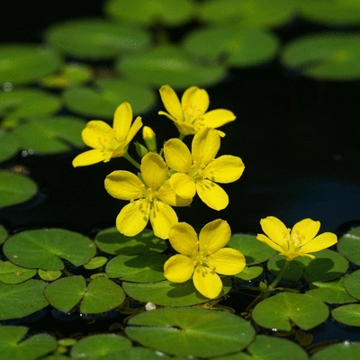 Close-up of vibrant yellow Ludwigia peploides flowers