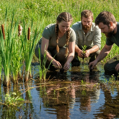 Ecologists working in a wetland, planting native species as part of restoration efforts, with clear water and diverse vegetation