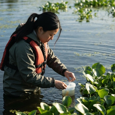 Scientist collecting water samples from a wetland for ecotoxicological evaluation, with a focus on invasive aquatic plants