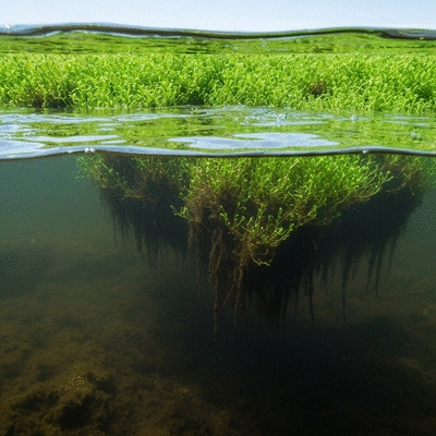 Illustration of an aquatic ecosystem showing reduced water circulation and increased sedimentation due to dense plant mats, clear water above, murky water below, no text