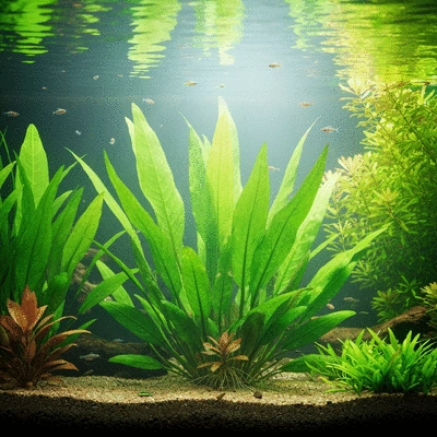 Ludwigia peploides in a thriving aquatic habitat, with fish and invertebrates, clean image, no text, no words, no typography, no labels