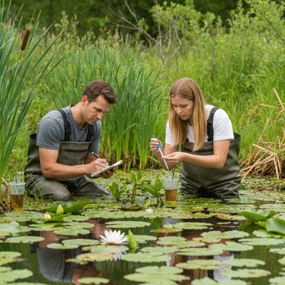 Two ecologists in waders examining aquatic plants in a wetland, taking notes, with a clear focus on scientific observation