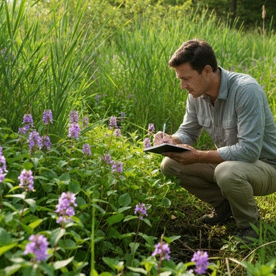 An ecologist taking notes while observing Ludwigia peploides plants in a wetland environment, showcasing scientific research and field work, natural lighting, no text, no words, no typography, clean image