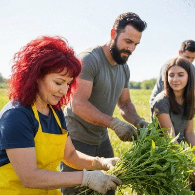 Diverse group of community volunteers participating in a wetland conservation project, removing invasive plants
