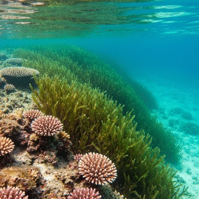 An underwater view of a healthy aquatic ecosystem with diverse plant life and clear water, contrasted with an area choked by invasive Ludwigia peploides, showing reduced biodiversity and murky water, natural lighting, no text, no words, no typography, clean image