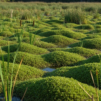 Dense mats of Ludwigia peploides covering a wetland, with healthy native plants struggling to emerge